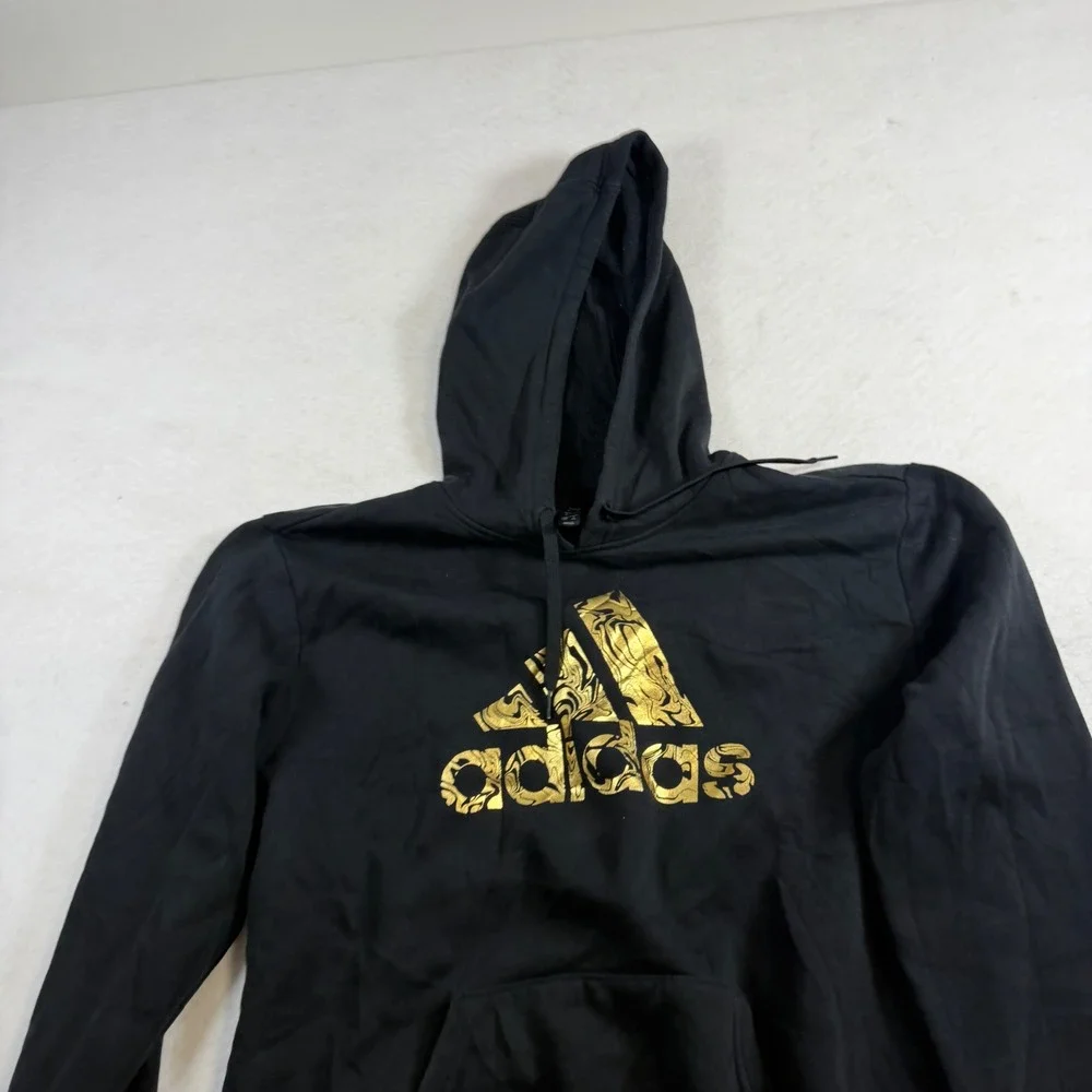 Adidas Mens Large Black Gold Marble Foil Logo Fleece Pullover Hoodie Sweatshirt